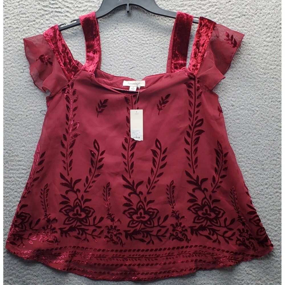 Francesca's Blouse Womens Small Multi Burnout Velvet Lined Cold Shoulder Sleeve‎